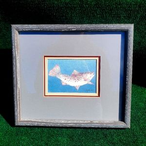1989 Jocelyn Slack Colorful Brown Trout Print Wall Art Framed 12inx13in VTG